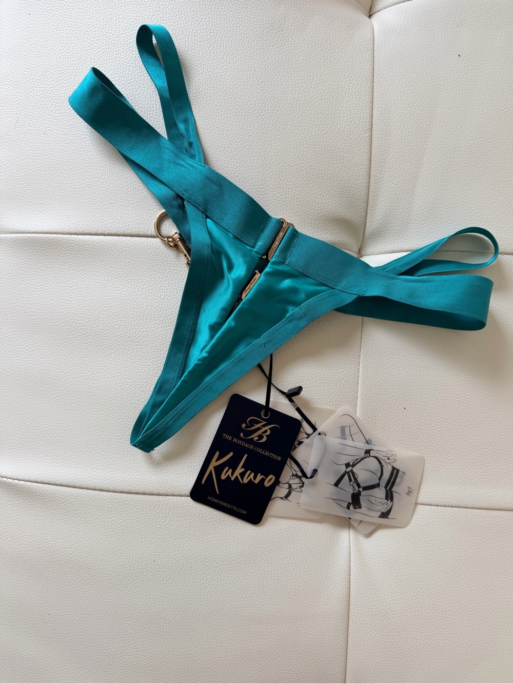 Honey Birdette NWT Kukuro Jade Satin Strappy Thong Bikini Bottom